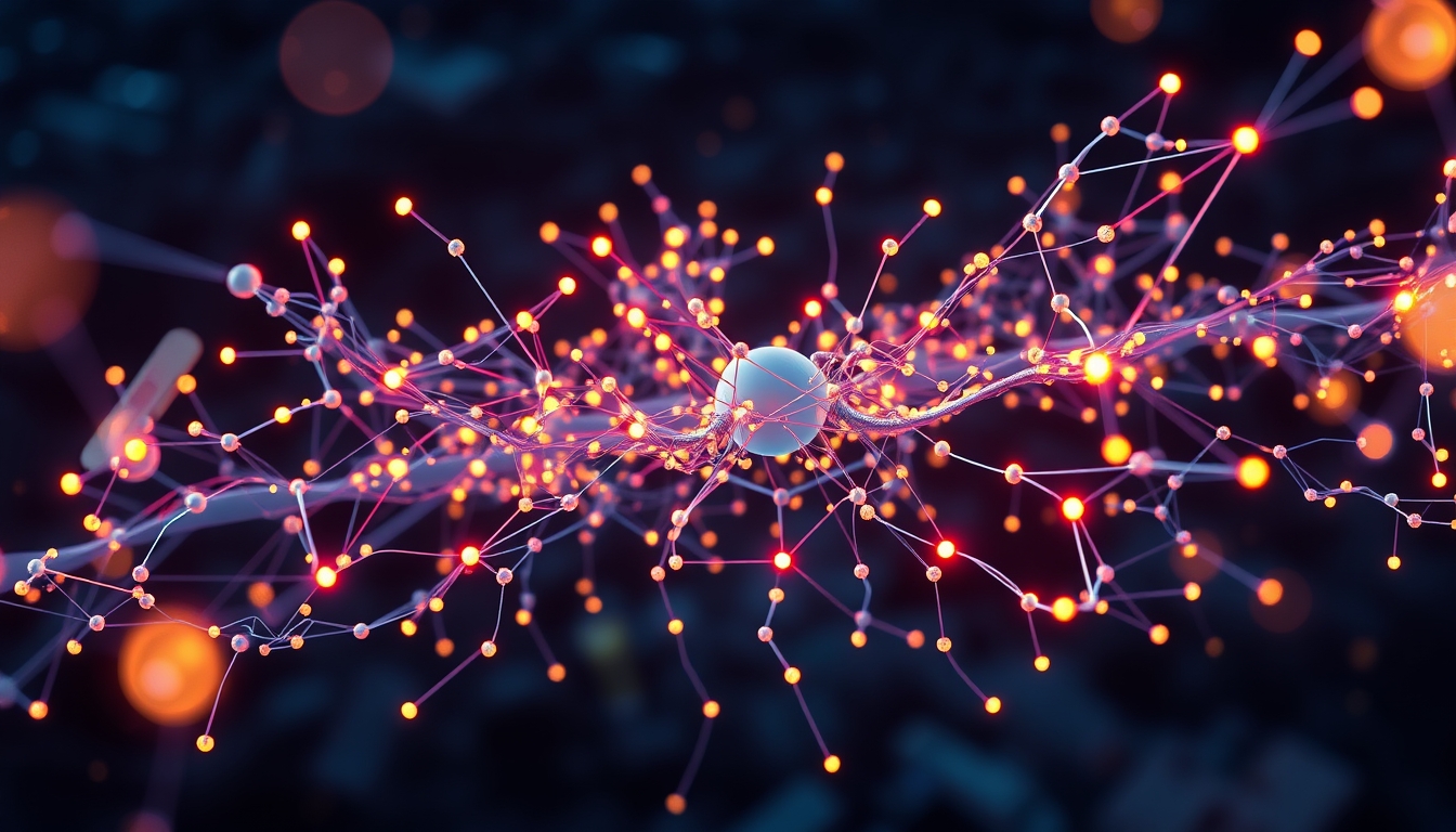 Rede neural de IA nós e conexões brilhantes em espaço 3D em estilo editorial