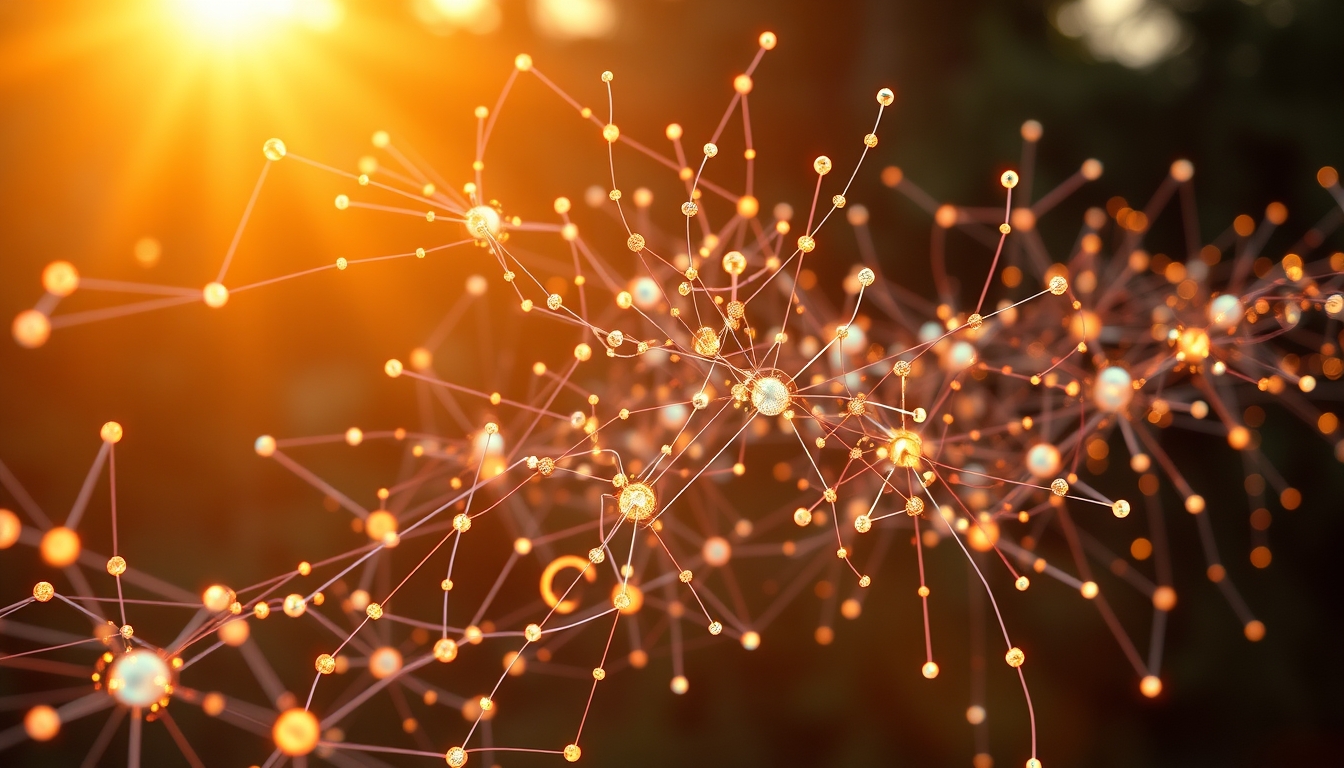 Rede neural de IA nós e conexões brilhantes em espaço 3D em estilo editorial