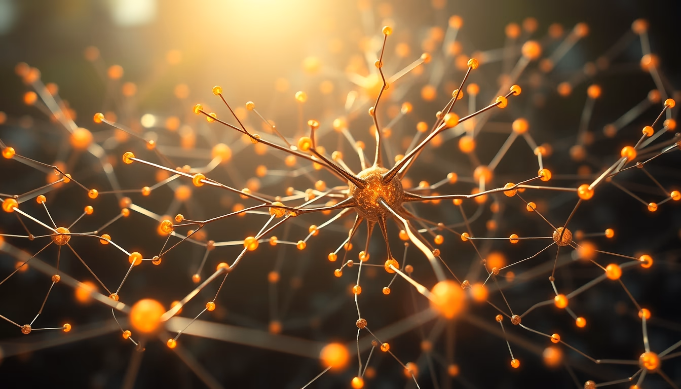 AI neural network glowing nodes and connections in 3D space in editorial style