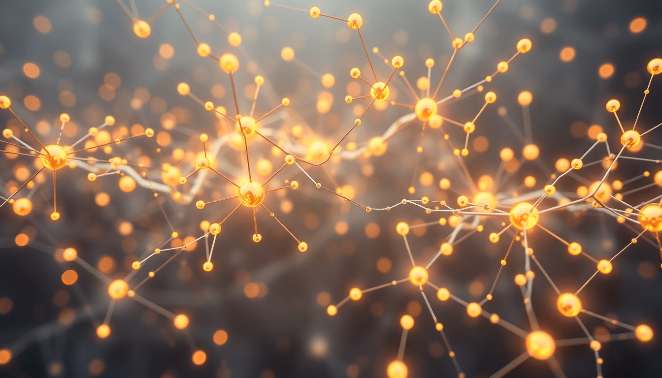 AI neural network glowing nodes and connections in 3D space in editorial style