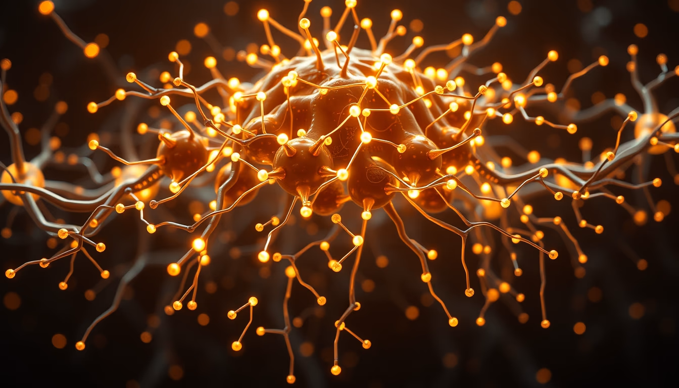 AI neural network glowing nodes and connections in 3D space in editorial style