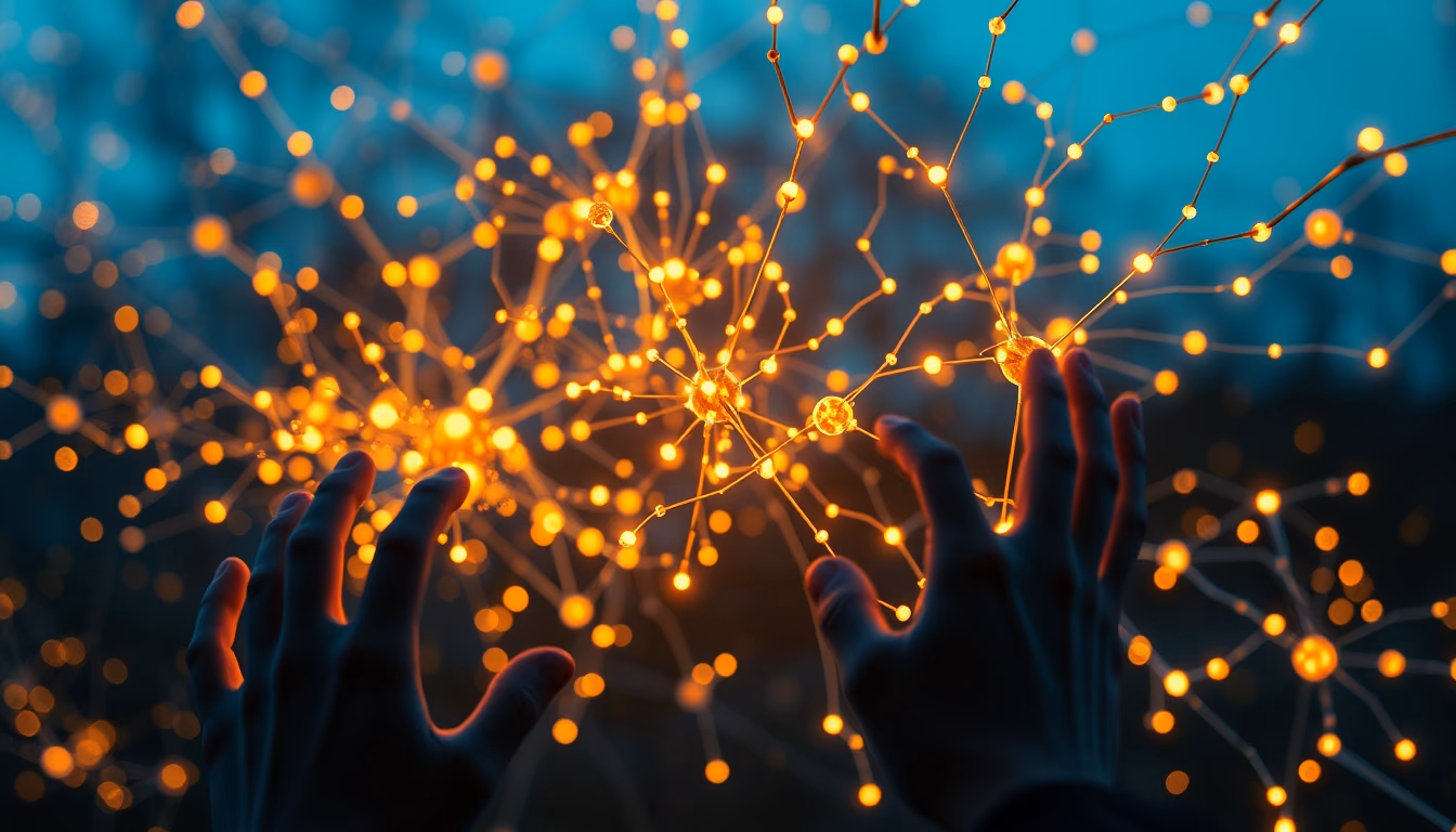 AI neural network glowing nodes and connections in 3D space in editorial style