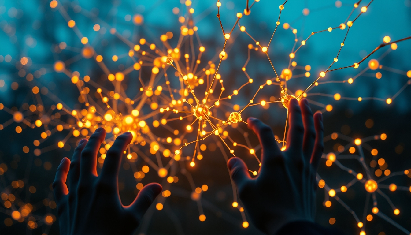 Rede neural de IA nós e conexões brilhantes em espaço 3D em estilo editorial