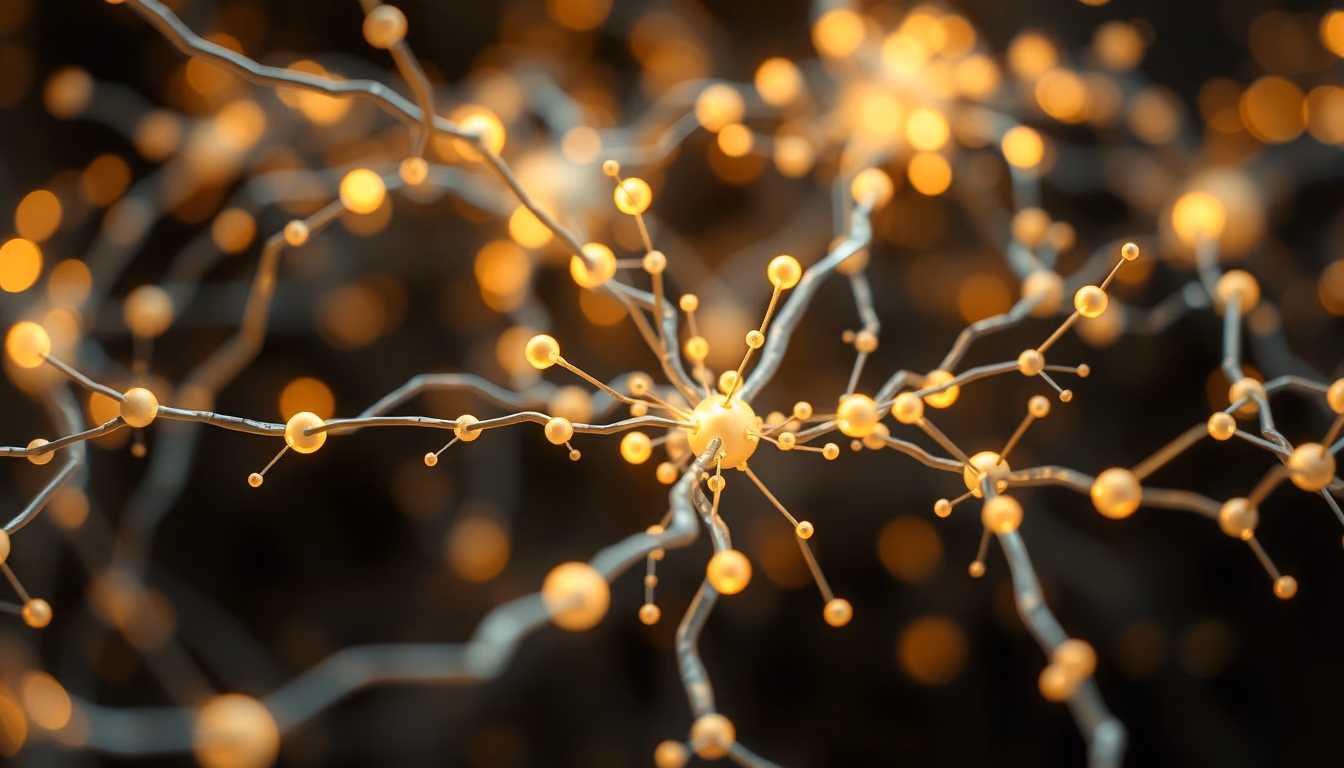 AI neural network glowing nodes and connections in 3D space in editorial style
