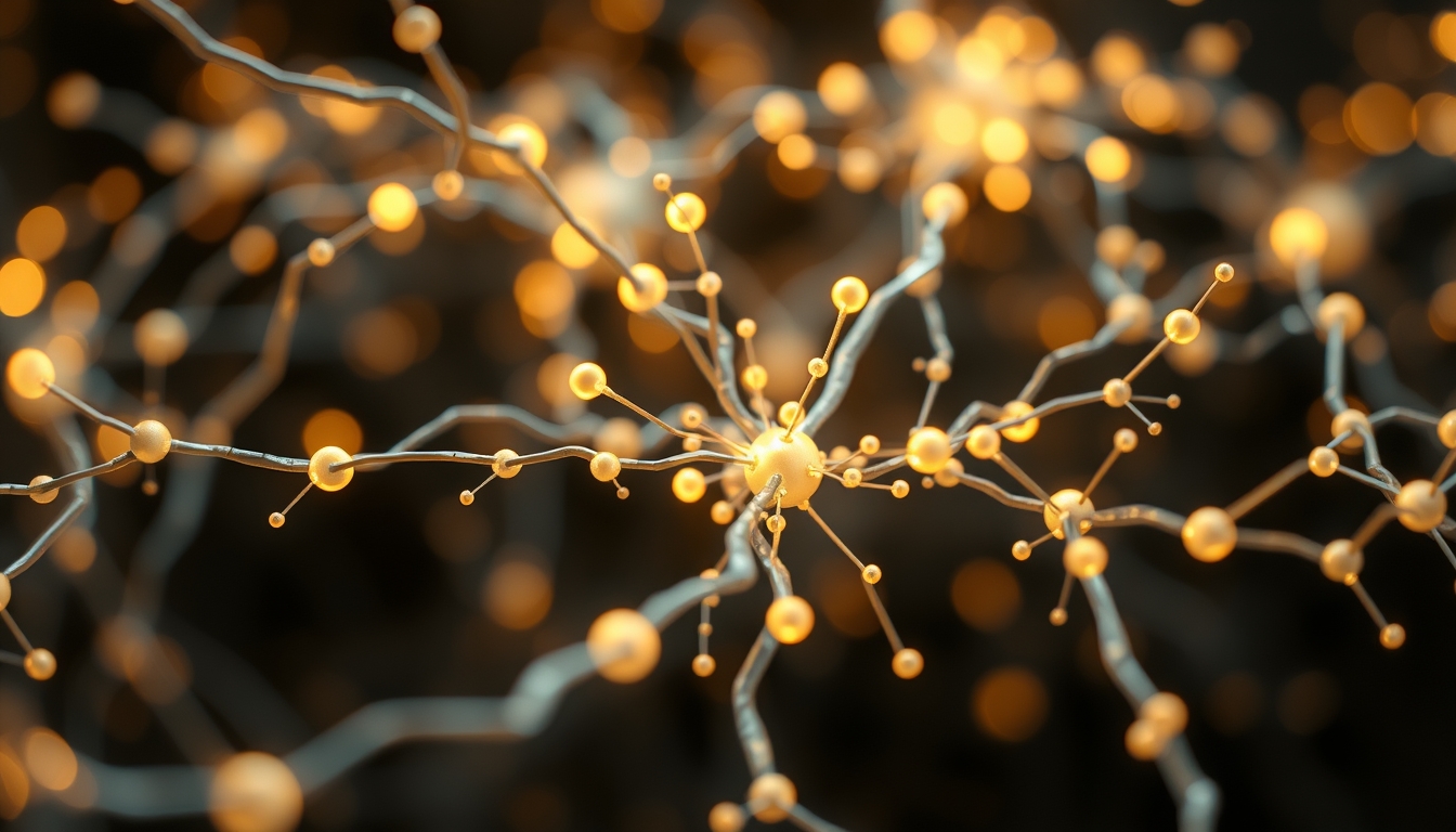 Rede neural de IA nós e conexões brilhantes em espaço 3D em estilo editorial