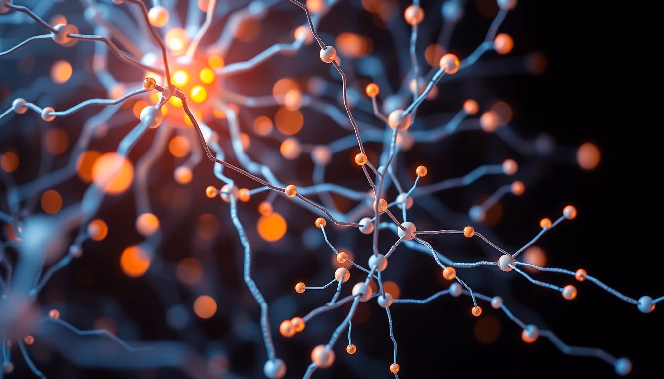 AI neural network glowing nodes and connections in 3D space in editorial style