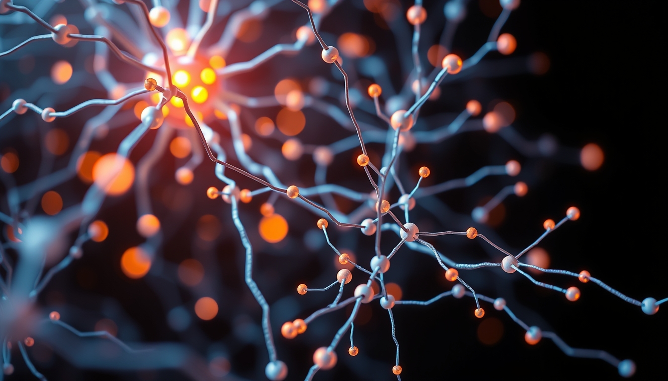 Rede neural de IA nós e conexões brilhantes em espaço 3D em estilo editorial