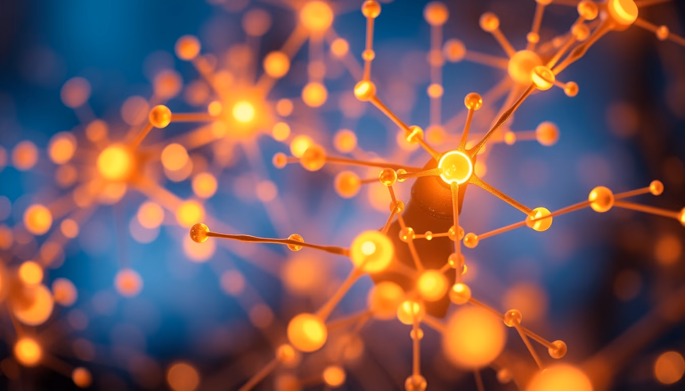 AI neural network glowing nodes and connections in 3D space in editorial style