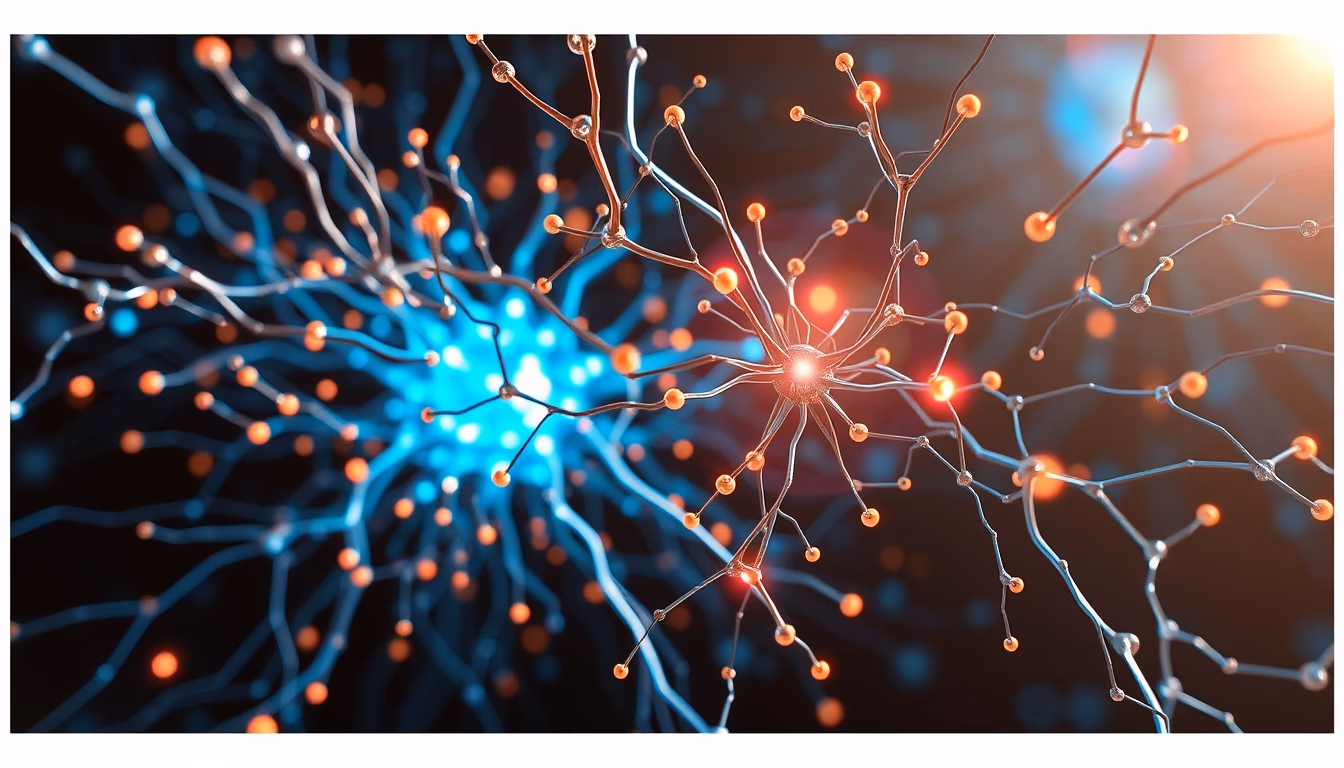 Rede neural de IA nós e conexões brilhantes em espaço 3D em estilo editorial