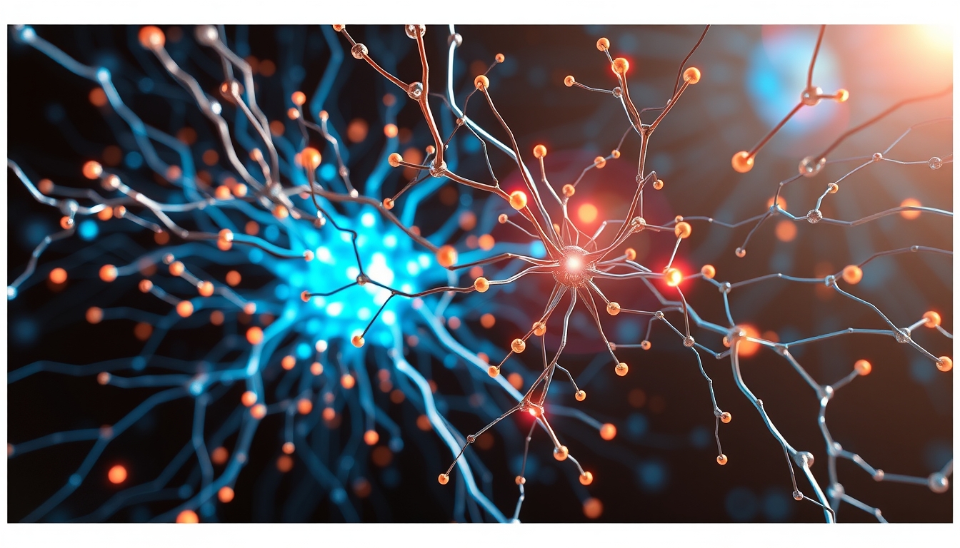 Rede neural de IA nós e conexões brilhantes em espaço 3D em estilo editorial