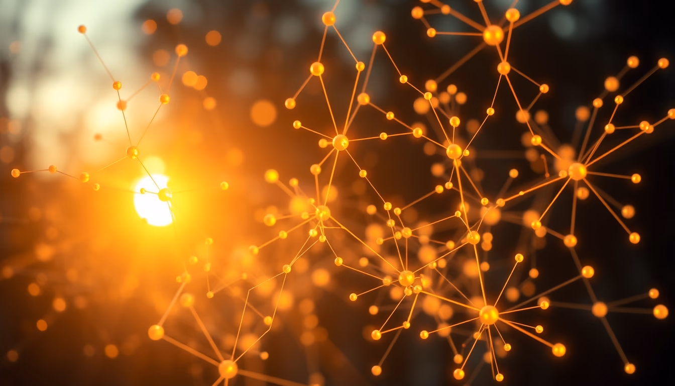 Rede neural de IA nós e conexões brilhantes em espaço 3D em estilo editorial