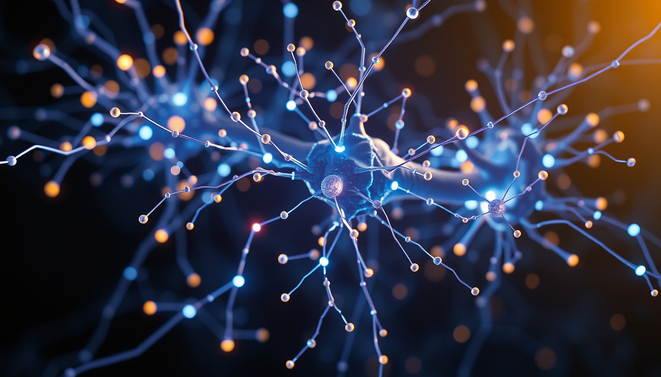 AI neural network glowing nodes and connections in 3D space in editorial style