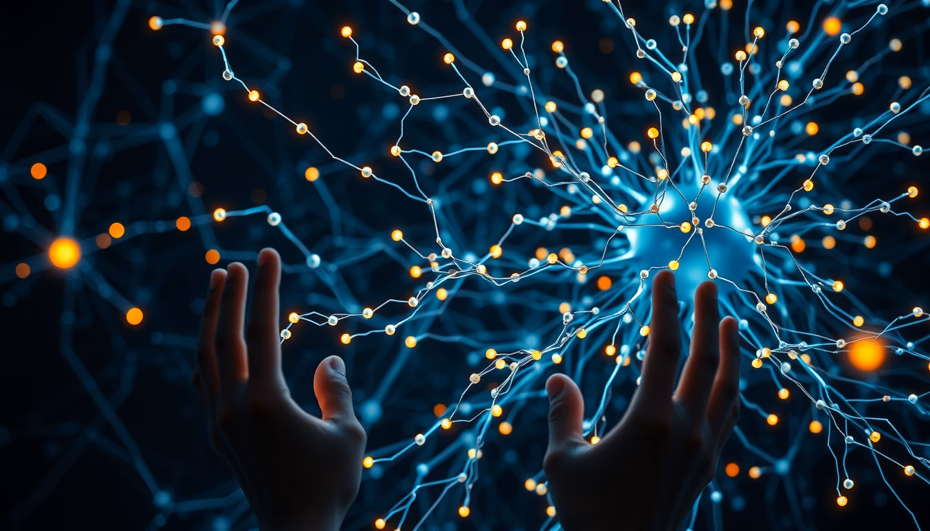 AI neural network glowing nodes and connections in 3D space in editorial style
