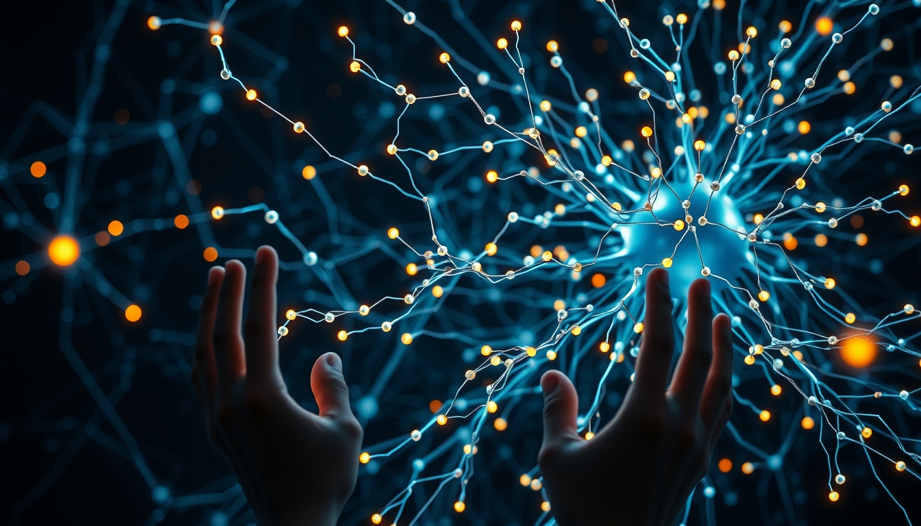 Rede neural de IA nós e conexões brilhantes em espaço 3D em estilo editorial