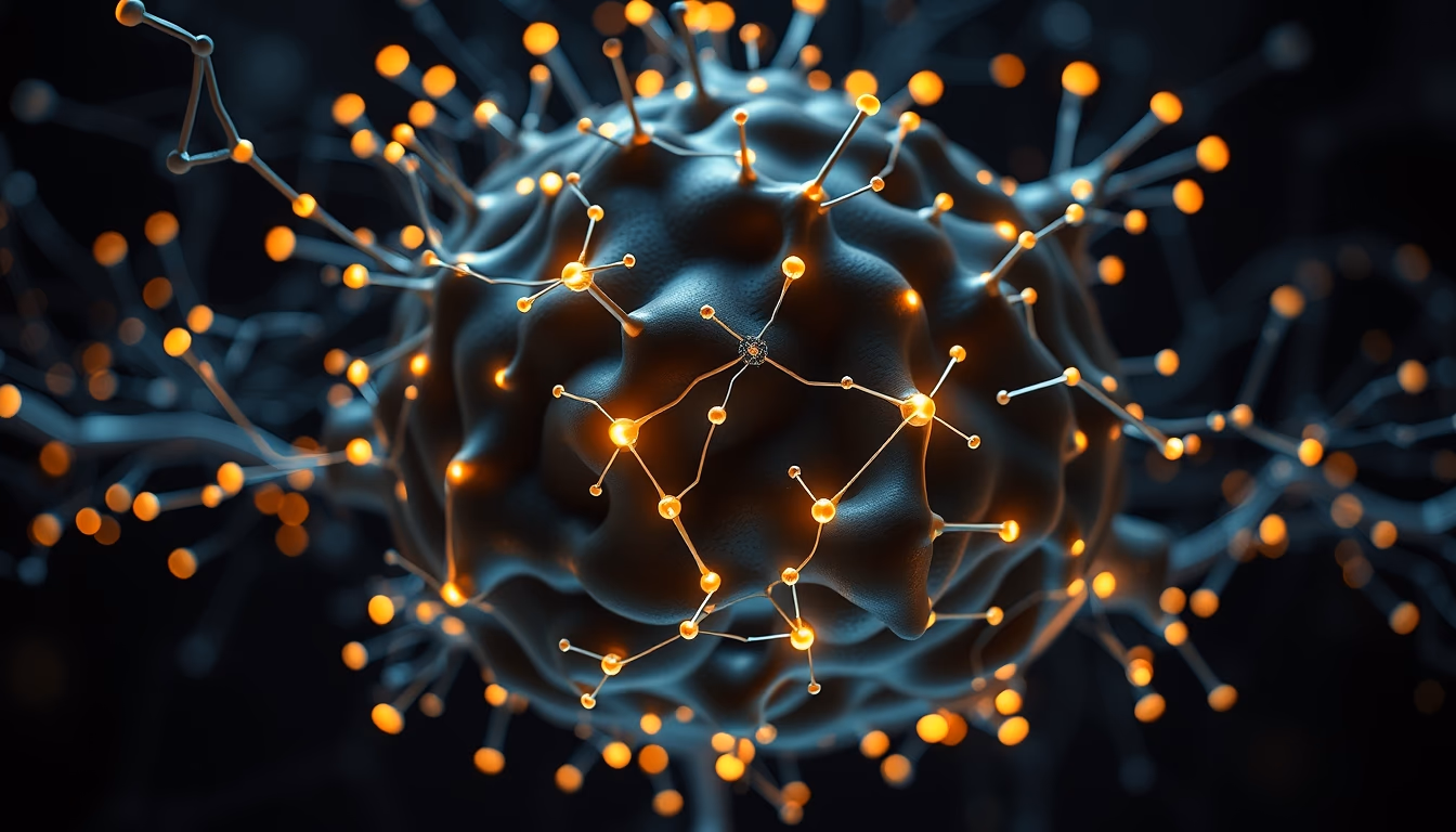 AI neural network glowing nodes and connections in 3D space in editorial style