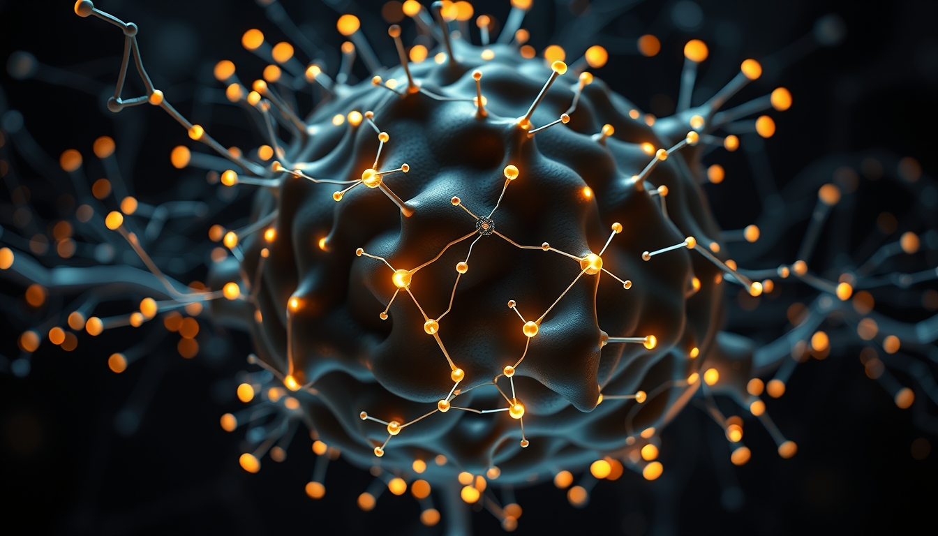 Rede neural de IA nós e conexões brilhantes em espaço 3D em estilo editorial