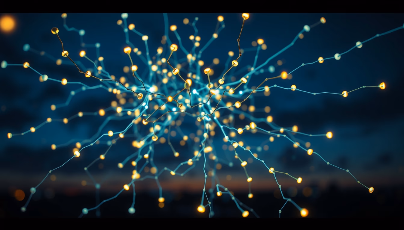 AI neural network glowing nodes and connections in 3D space in editorial style