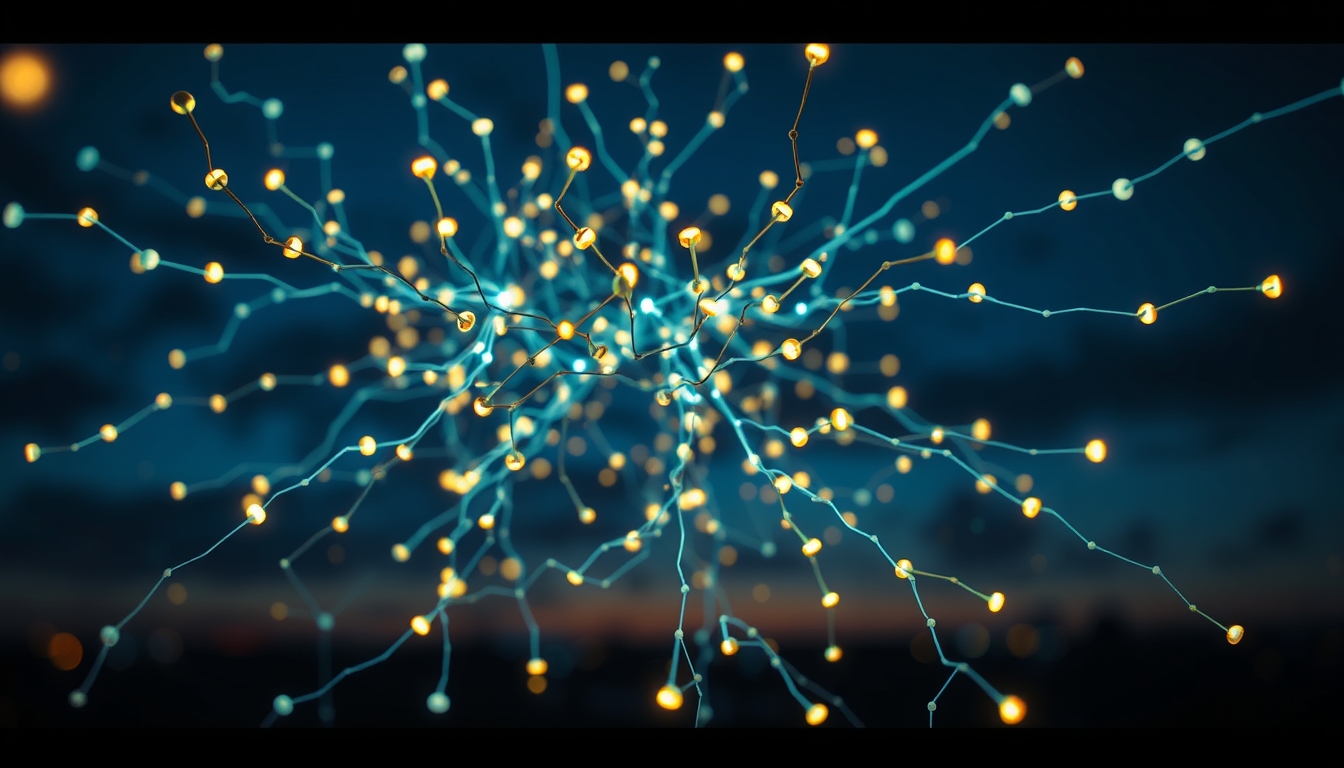 Rede neural de IA nós e conexões brilhantes em espaço 3D em estilo editorial