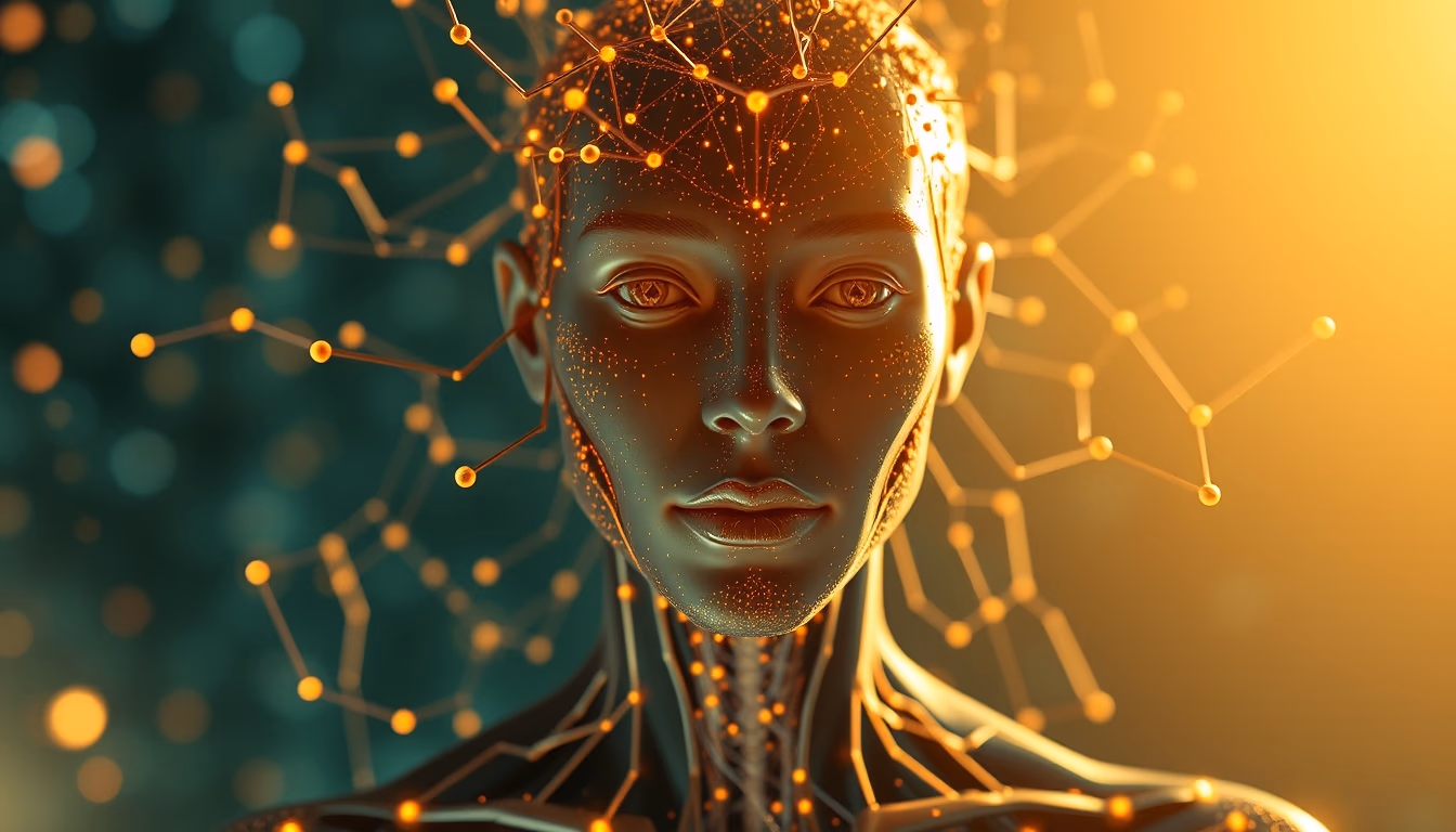 Rede neural de IA nós e conexões brilhantes em espaço 3D em estilo editorial