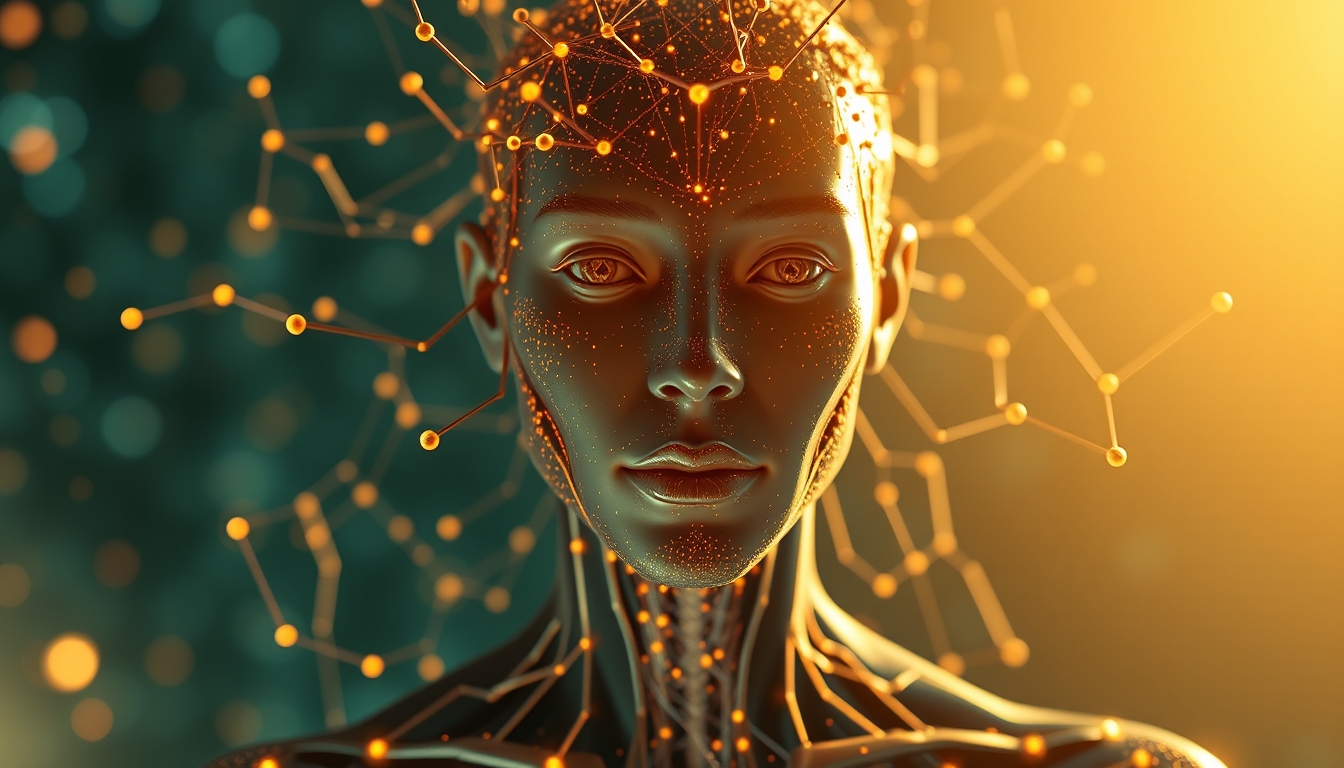 Rede neural de IA nós e conexões brilhantes em espaço 3D em estilo editorial