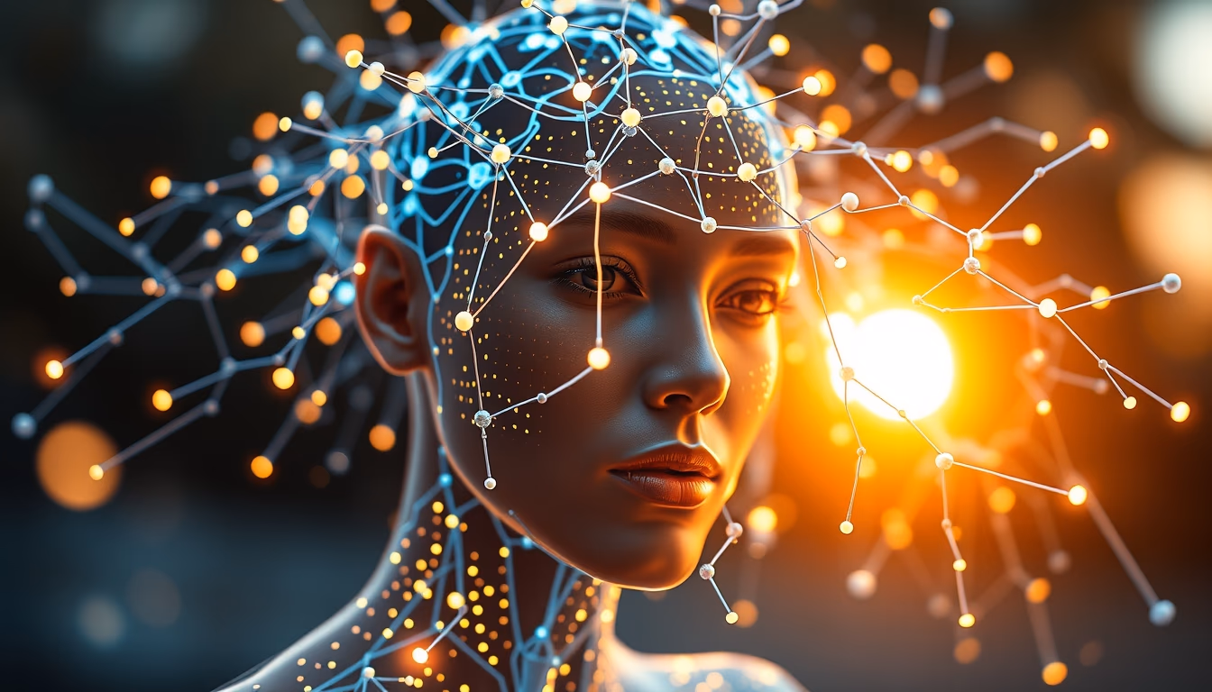 Rede neural de IA nós e conexões brilhantes em espaço 3D em estilo editorial