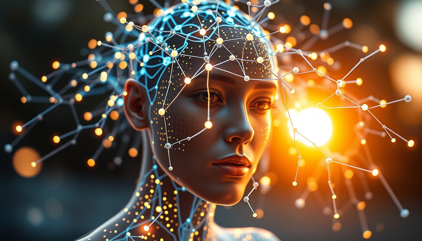 Rede neural de IA nós e conexões brilhantes em espaço 3D em estilo editorial