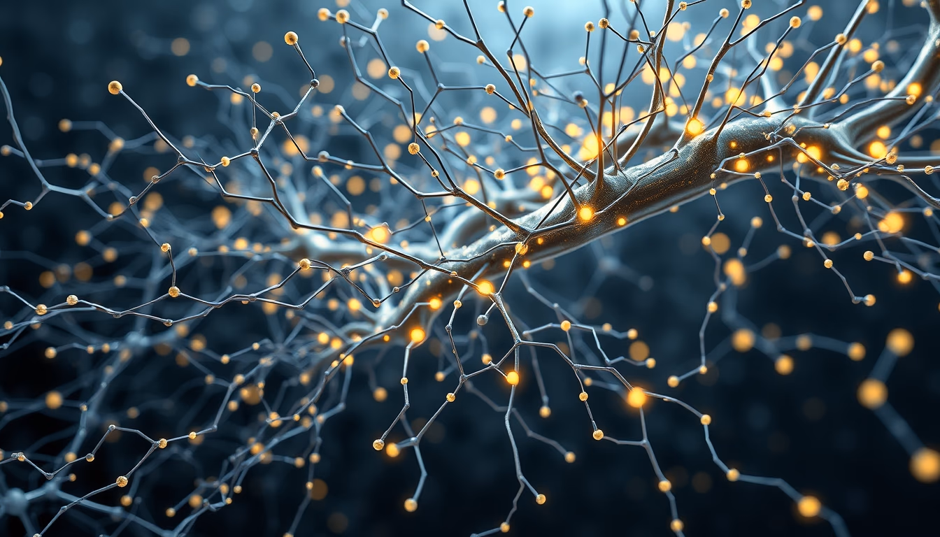 AI neural network glowing nodes and connections in 3D space in editorial style