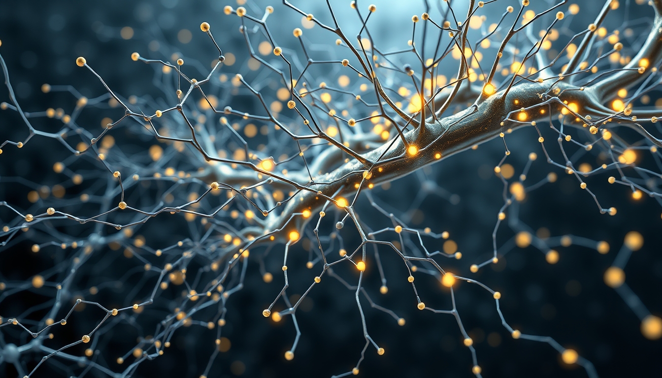 Rede neural de IA nós e conexões brilhantes em espaço 3D em estilo editorial