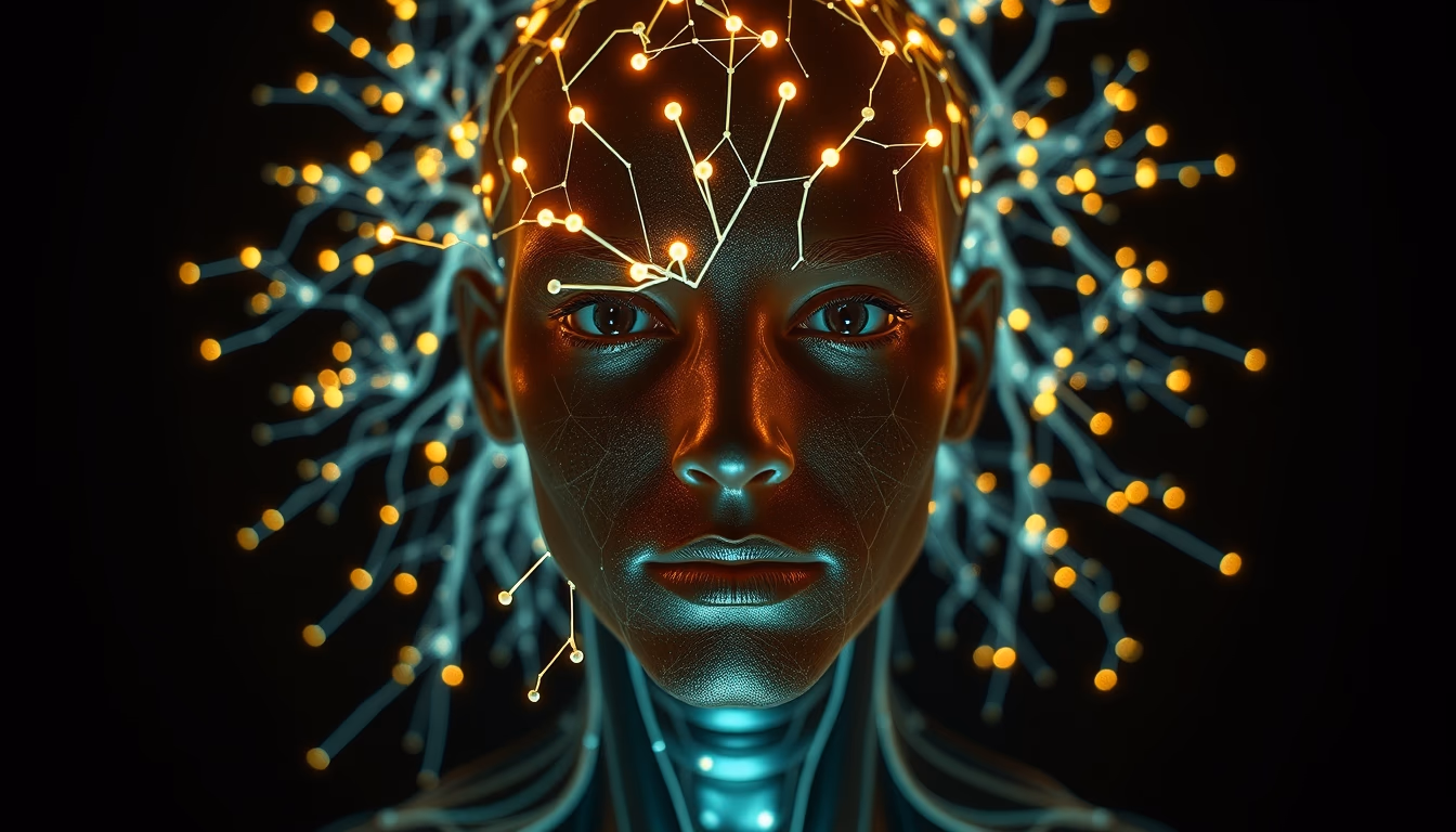 AI neural network glowing nodes and connections in 3D space in editorial style