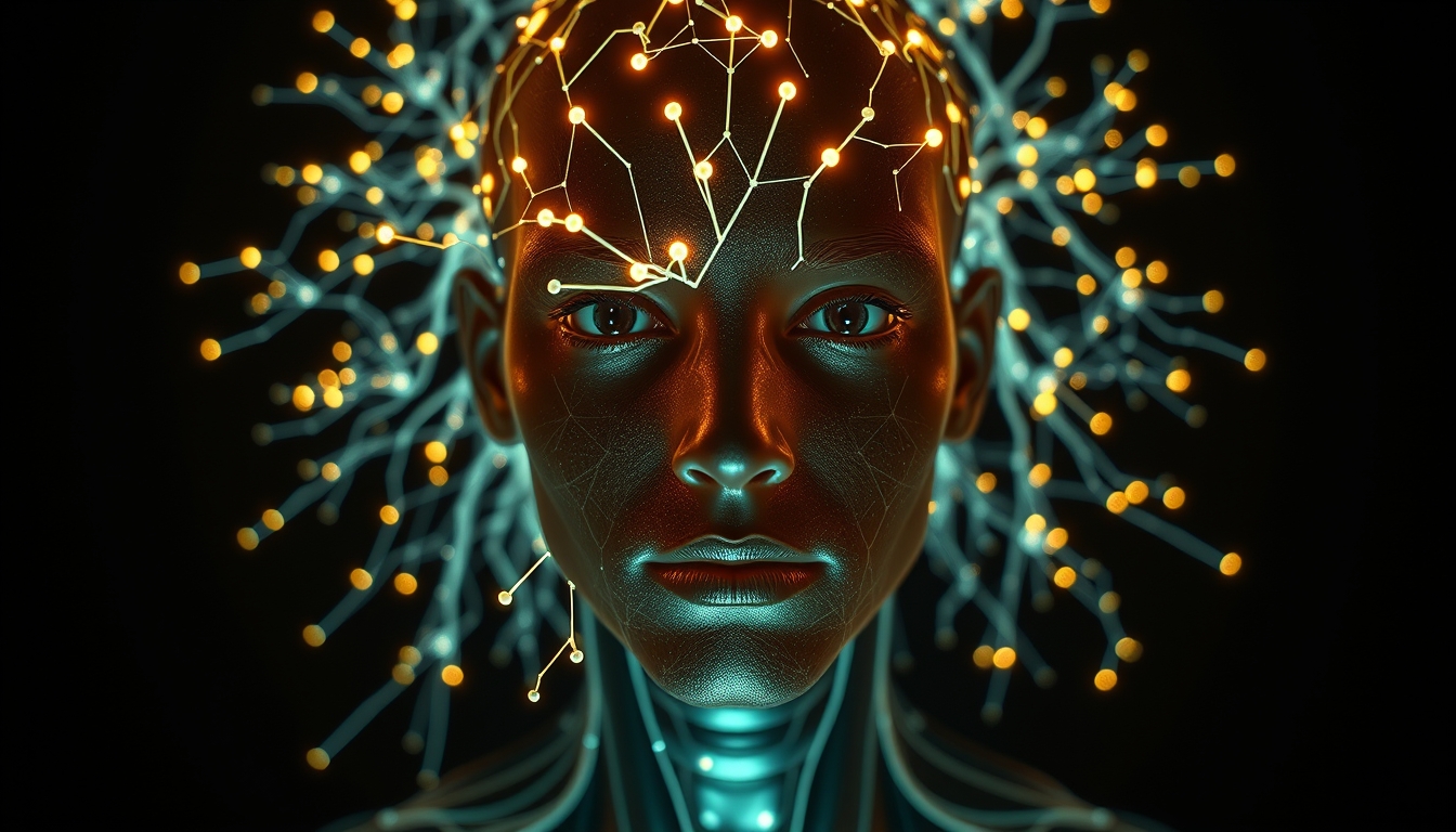 Rede neural de IA nós e conexões brilhantes em espaço 3D em estilo editorial