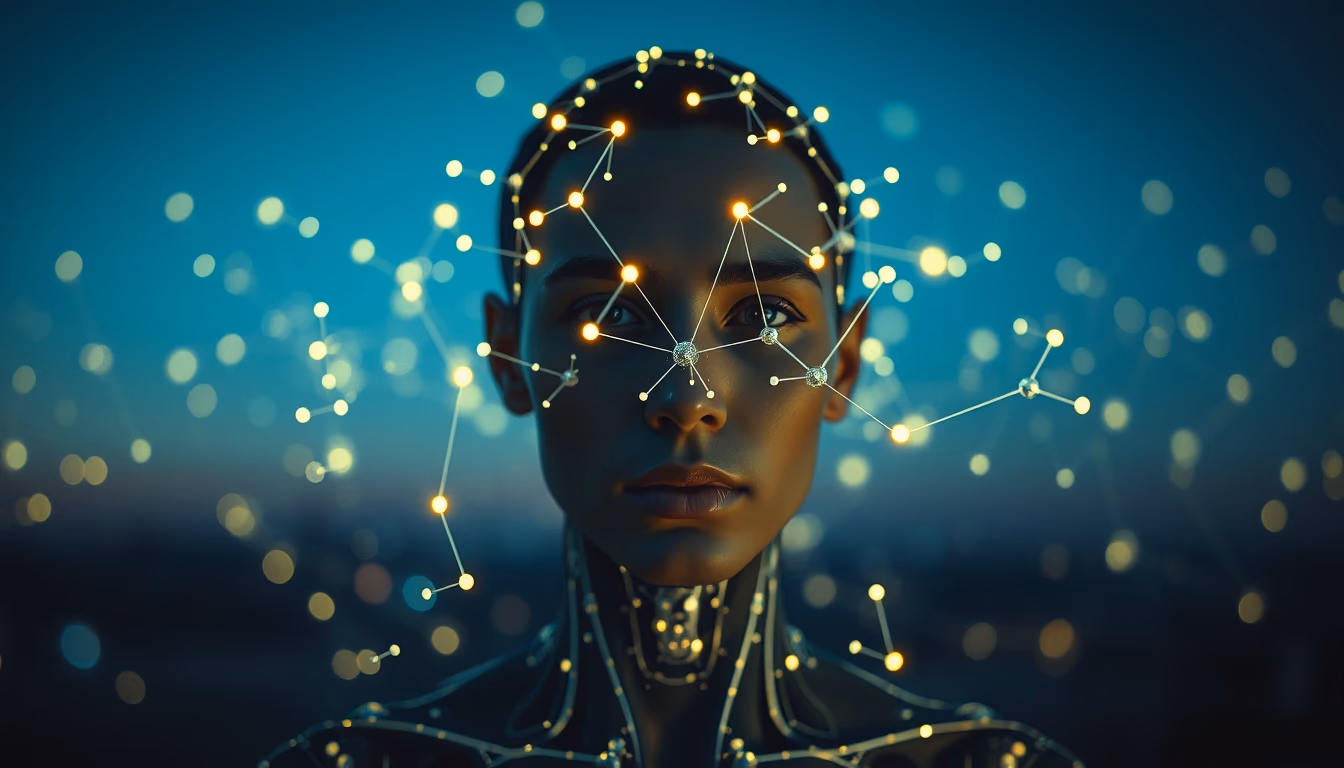 AI neural network glowing nodes and connections in 3D space in editorial style