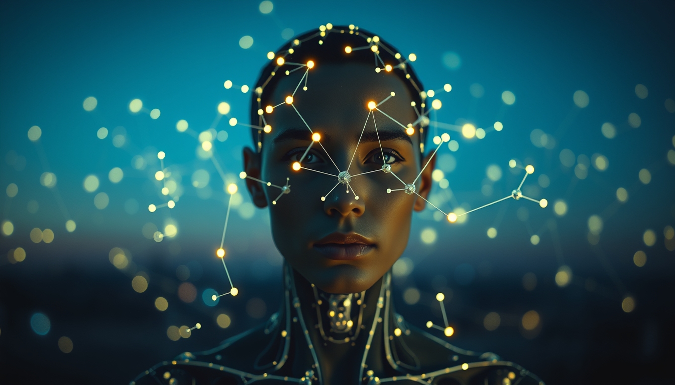 Rede neural de IA nós e conexões brilhantes em espaço 3D em estilo editorial