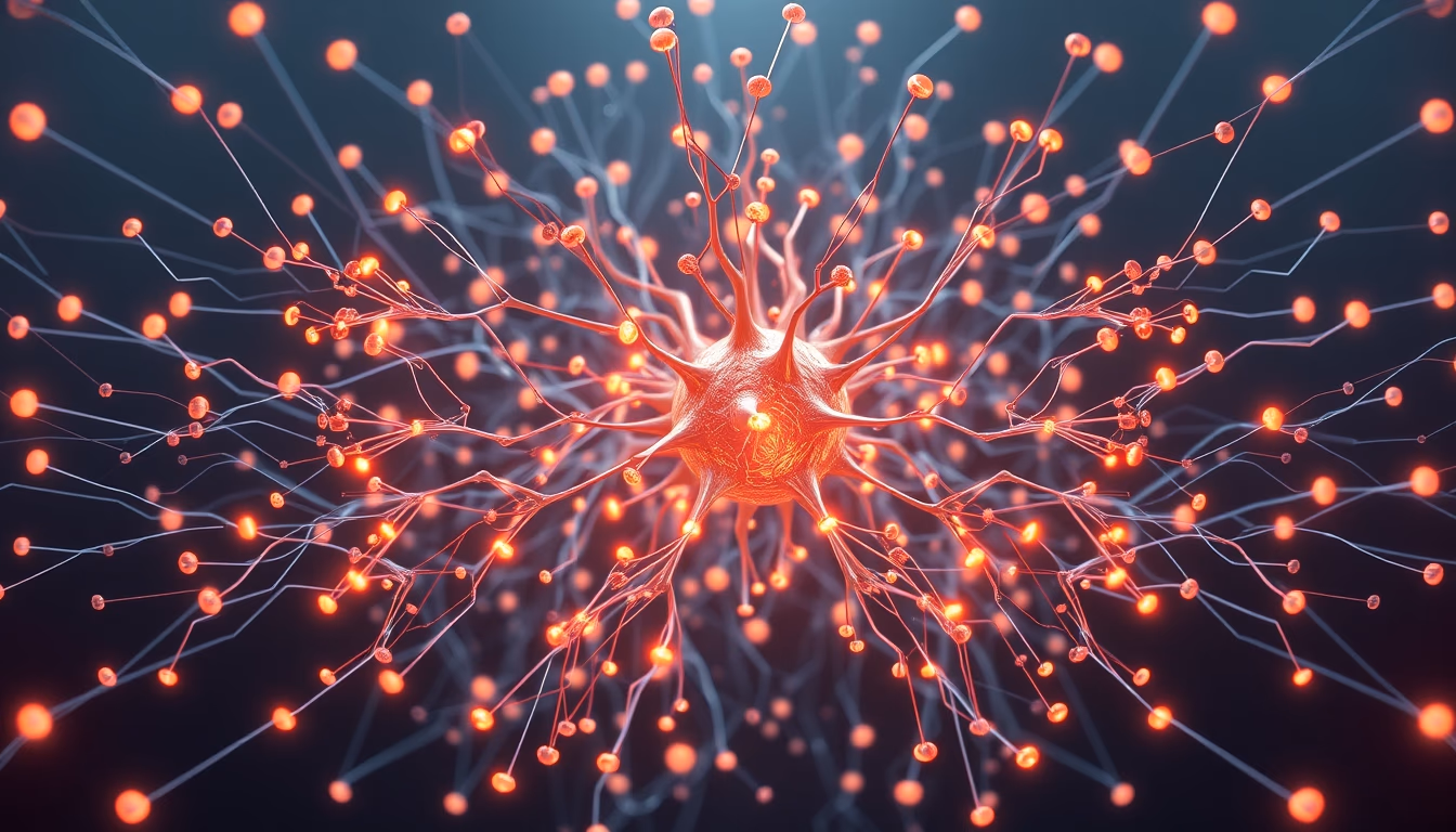 AI neural network glowing nodes and connections in 3D space in editorial style