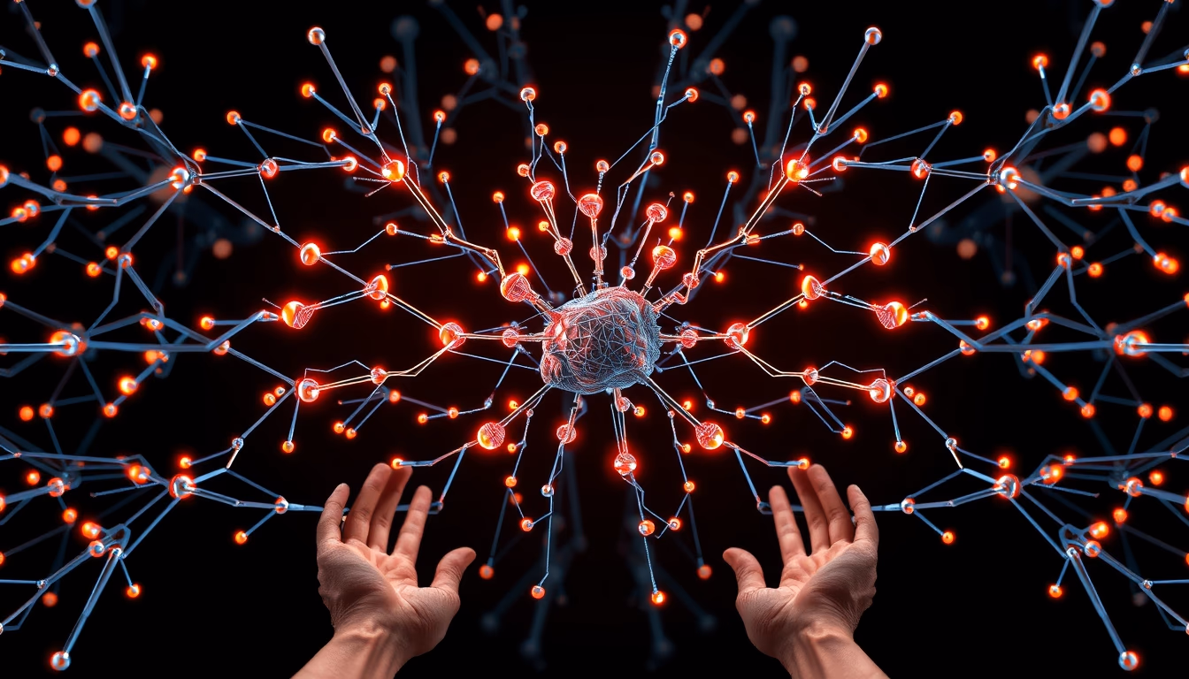 AI neural network glowing nodes and connections in 3D space in editorial style