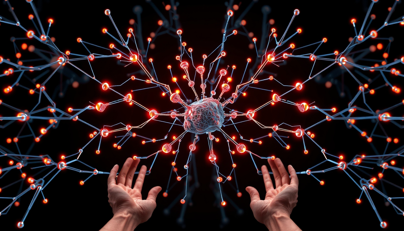 Rede neural de IA nós e conexões brilhantes em espaço 3D em estilo editorial