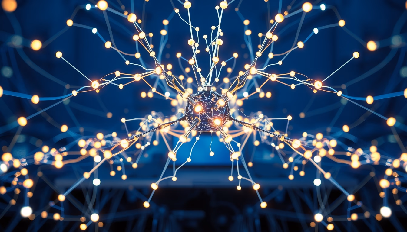 AI neural network glowing nodes and connections in 3D space in editorial style