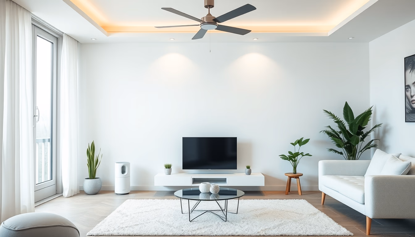 air purifier modern living room in editorial style