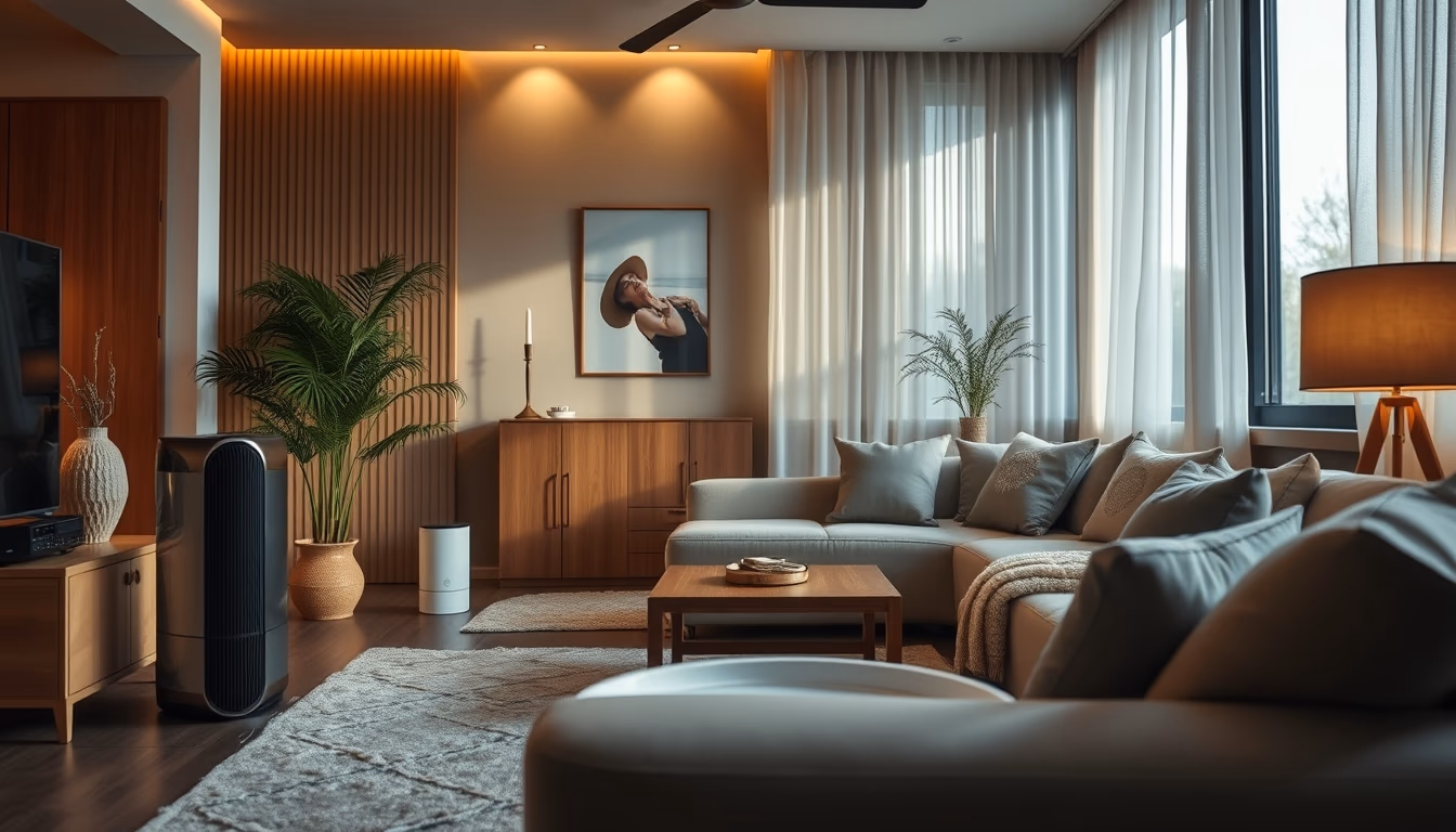 air purifier modern living room in editorial style