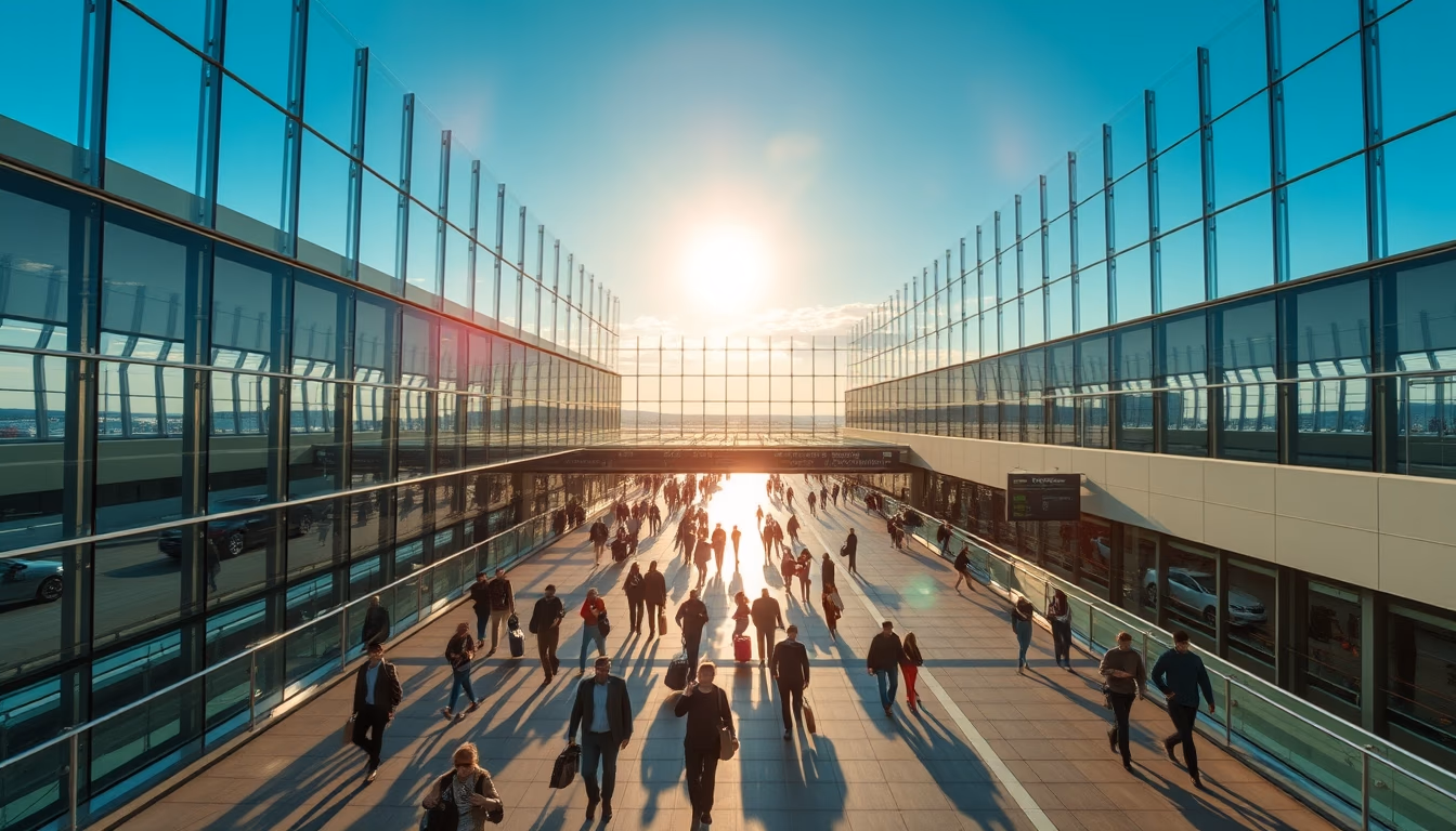 airport terminal modern with travelers walking in editorial style