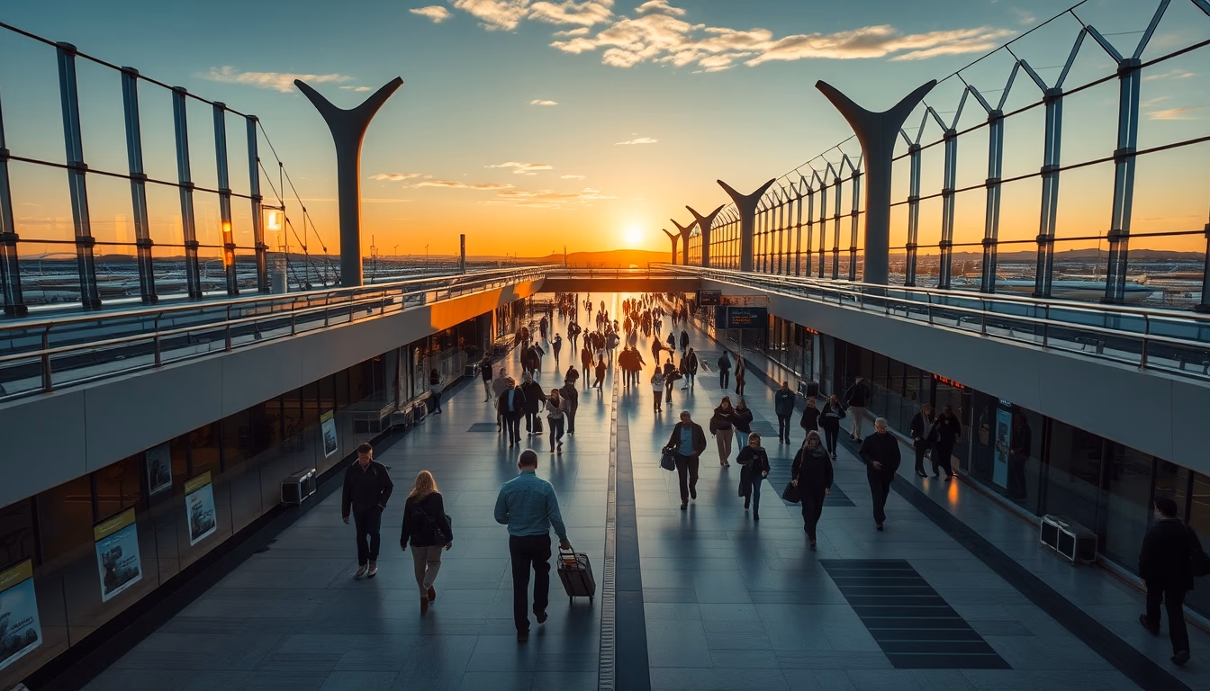 airport terminal modern with travelers walking in editorial style