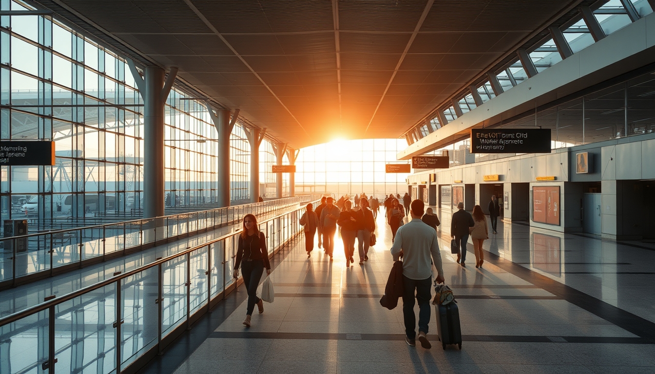 Terminal de aeroporto moderno com viajantes caminhando em estilo editorial