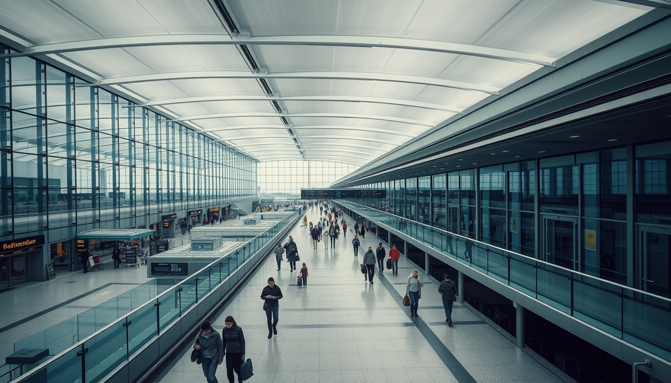Terminal de aeroporto moderno com viajantes caminhando em estilo editorial