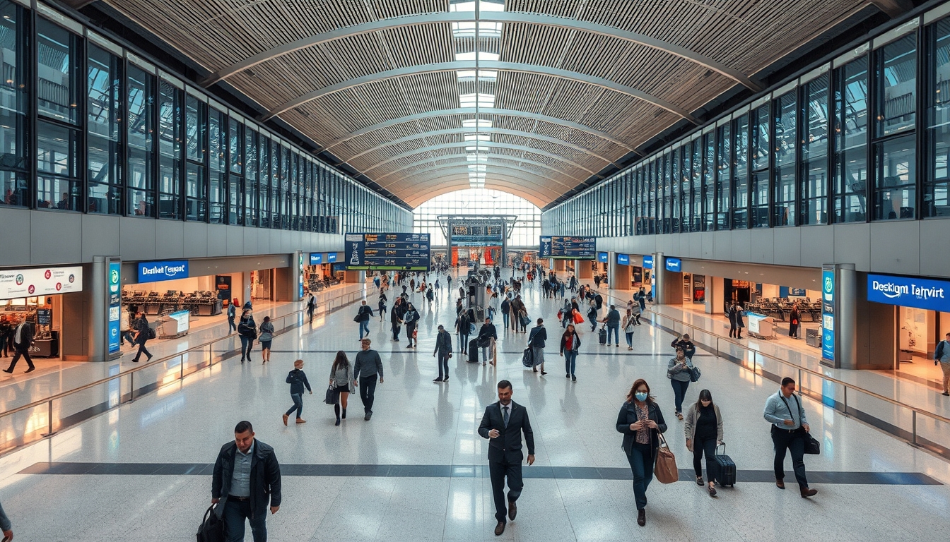 Terminal de aeroporto moderno com viajantes caminhando em estilo editorial