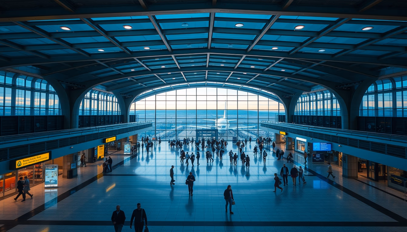 airport terminal modern with travelers walking in editorial style