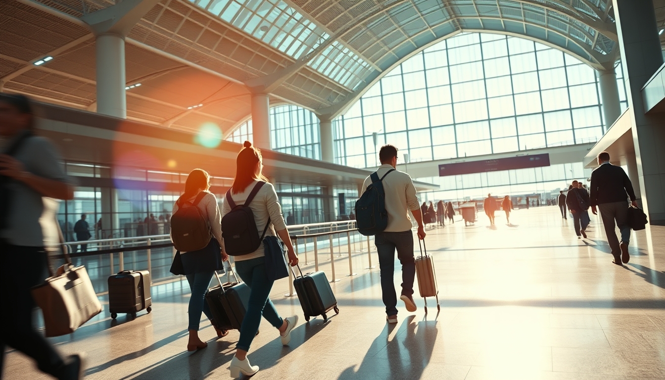 Terminal de aeroporto moderno com viajantes caminhando em estilo editorial