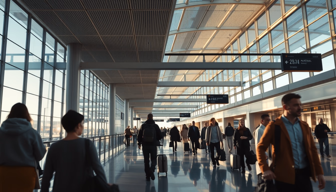 airport terminal modern with travelers walking in editorial style