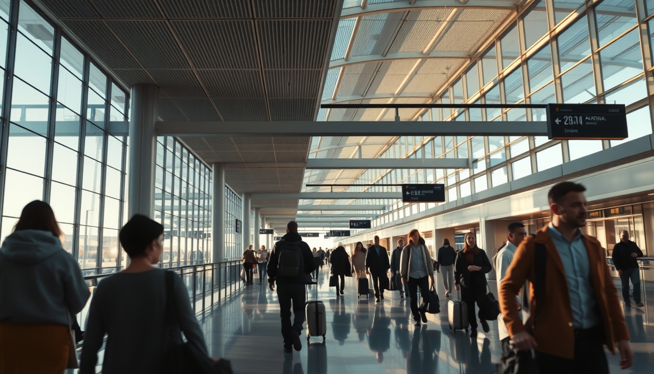 Terminal de aeroporto moderno com viajantes caminhando em estilo editorial