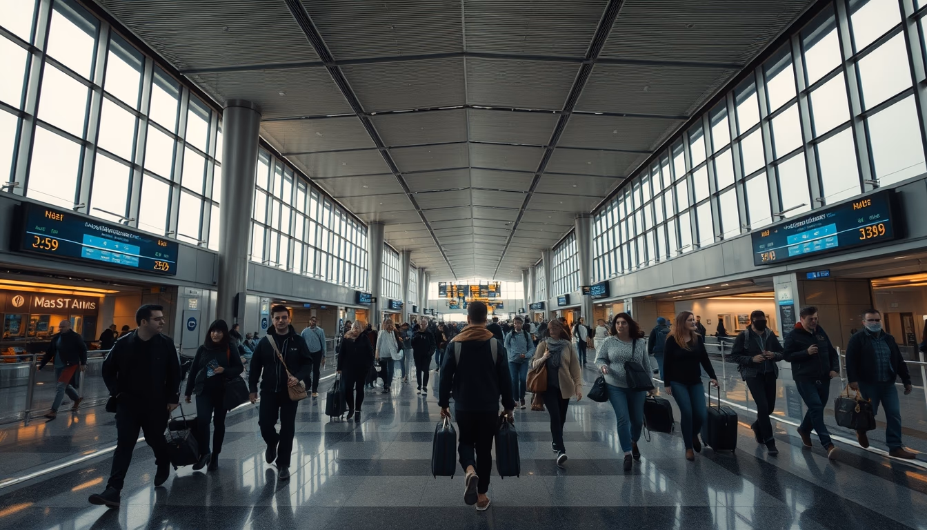 airport terminal modern with travelers walking in editorial style