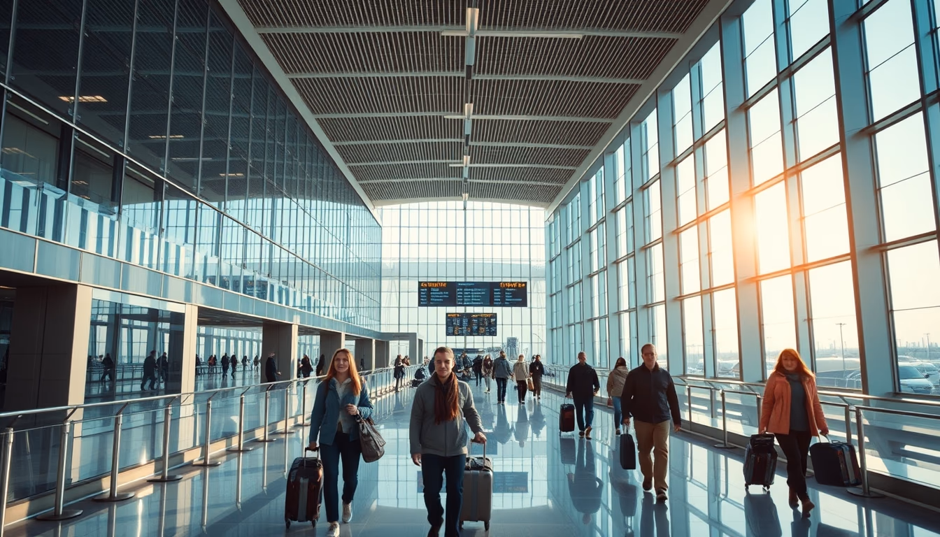 airport terminal modern with travelers walking in editorial style