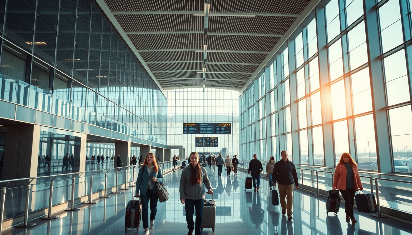 Terminal de aeroporto moderno com viajantes caminhando em estilo editorial